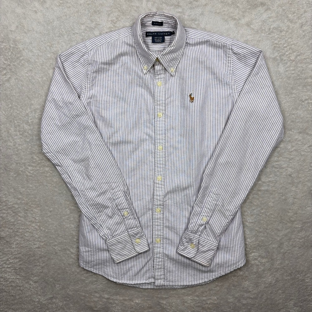Ralph Lauren Button Down Shirt Womens 4 Blue White Striped Slim Fit Oxford Pony - Picture 2 of 11